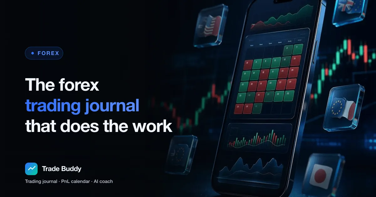 A forex trading journal in the Trade Buddy app showing a PnL calendar of green and red trading days