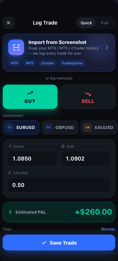 Log Trade screen with an Import from Screenshot card for MT4, MT5, cTrader and TradingView, plus buy/sell and live estimated P&L