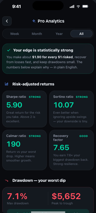 Pro Analytics screen with Sharpe 5.90, Sortino 10.07 and other risk-adjusted return metrics, each with a plain-English explanation