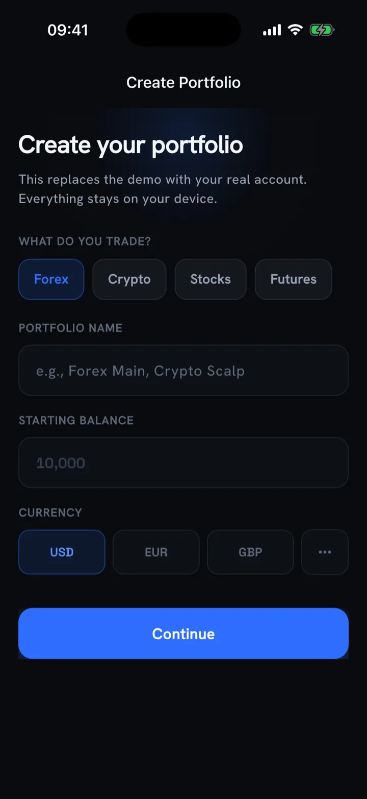 Create-portfolio screen asking what you trade, portfolio name, starting balance and currency