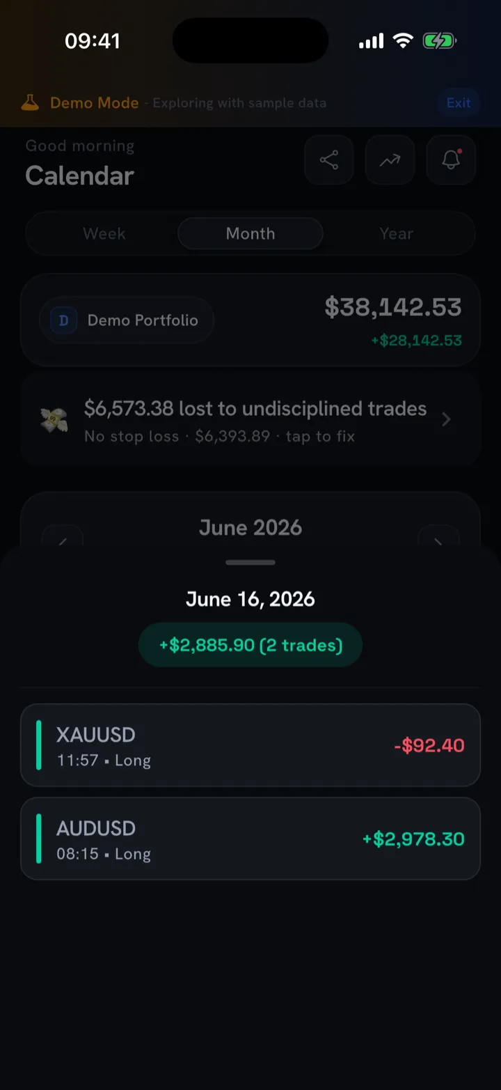 Day summary sheet for June 16 showing two trades, XAUUSD and AUDUSD, with individual P&L