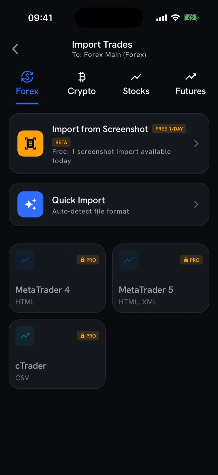 Import Trades screen with screenshot import and MetaTrader 4, MetaTrader 5 and cTrader file options