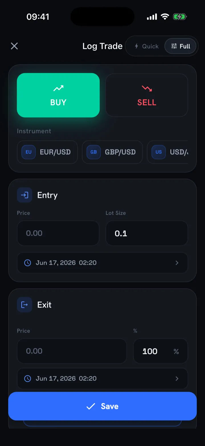 Full manual trade-entry form with entry and exit price, lot size, and date and time fields