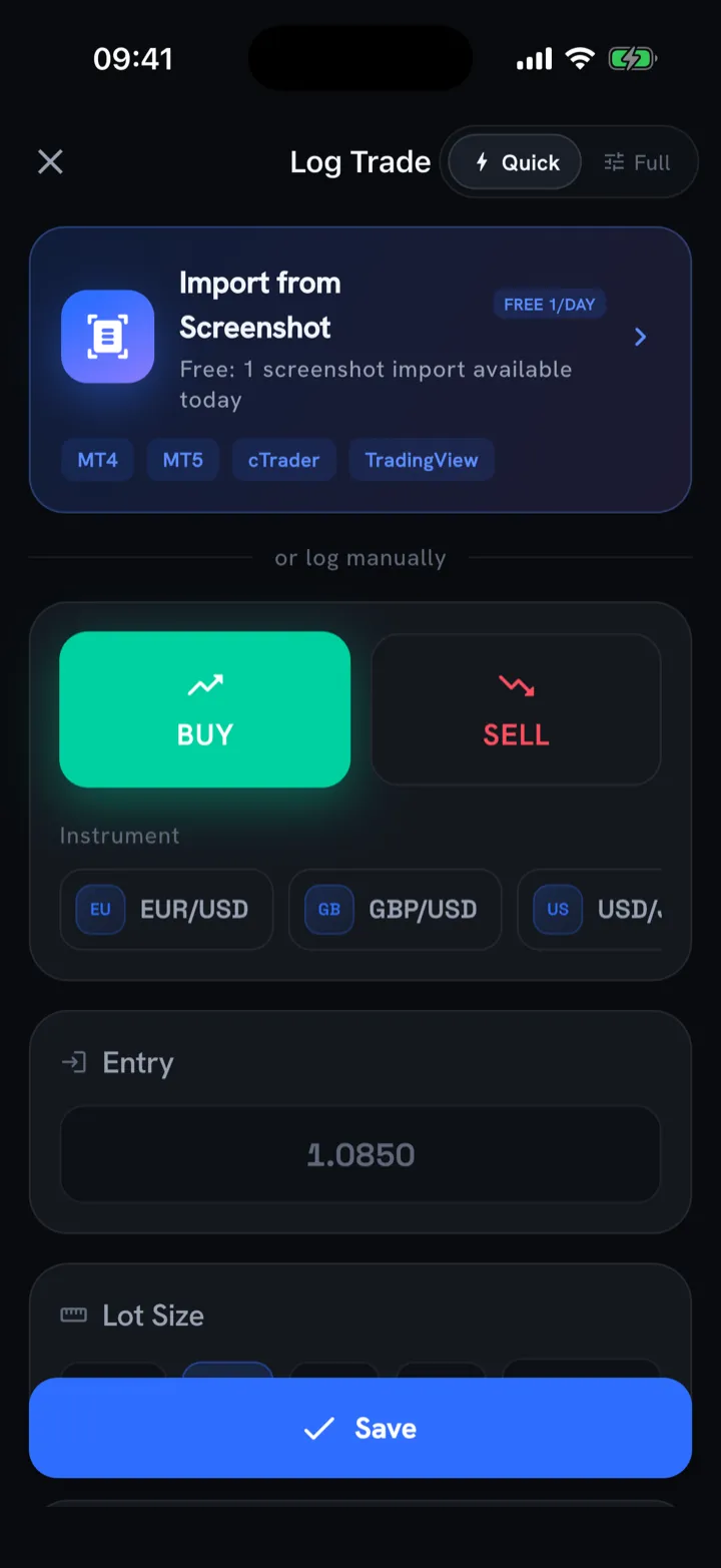 Log Trade screen with Quick mode, BUY and SELL buttons, instrument picker and a screenshot-import card for MT4, MT5, cTrader and TradingView