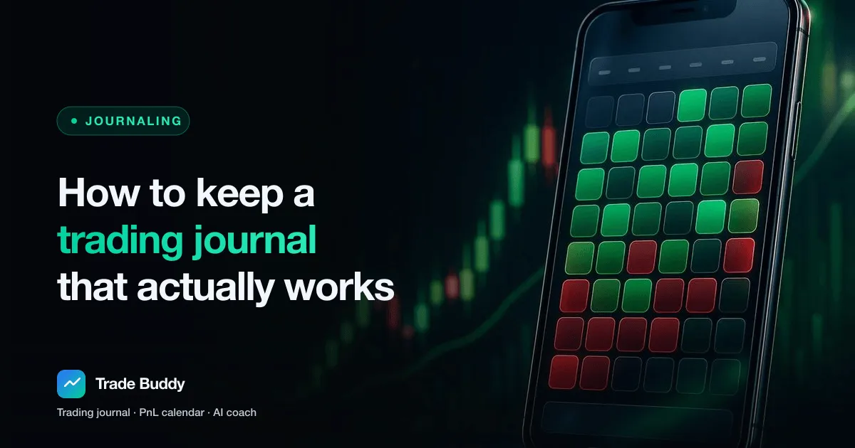 Trade Buddy trading journal guide cover with a color-coded PnL calendar of green and red days