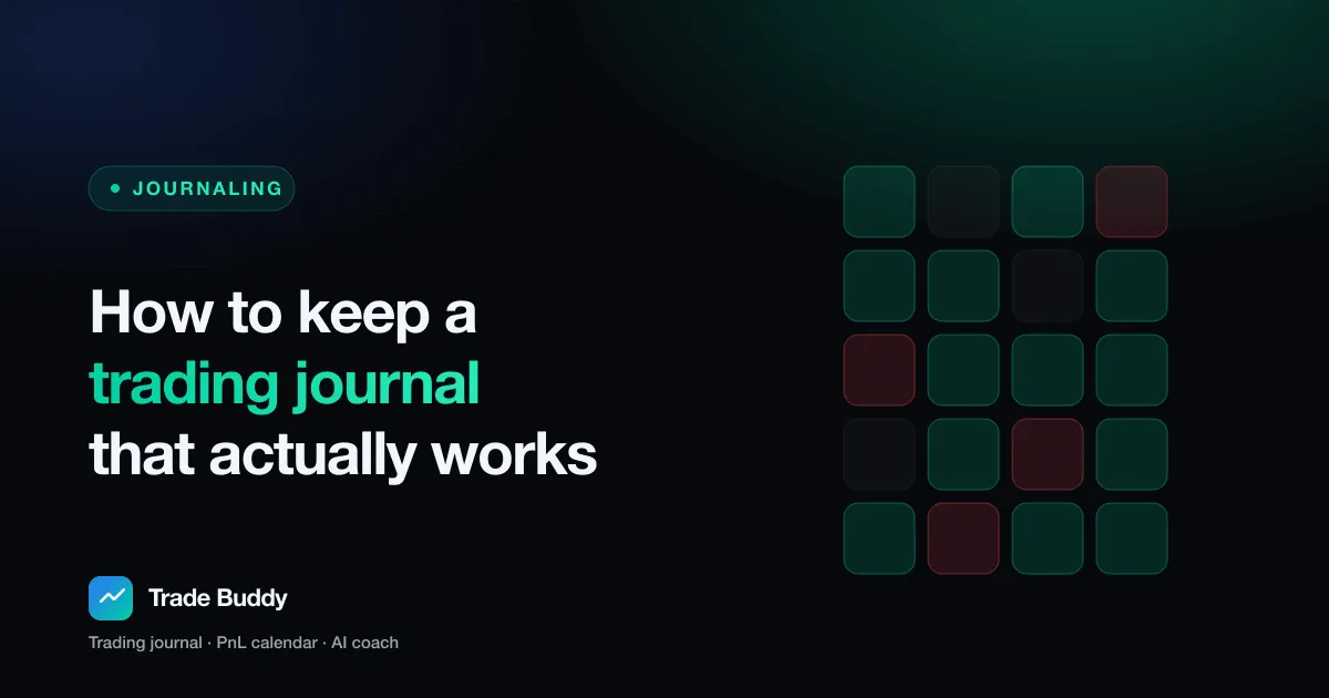 Trade Buddy trading journal guide cover with a color-coded PnL calendar of green and red days