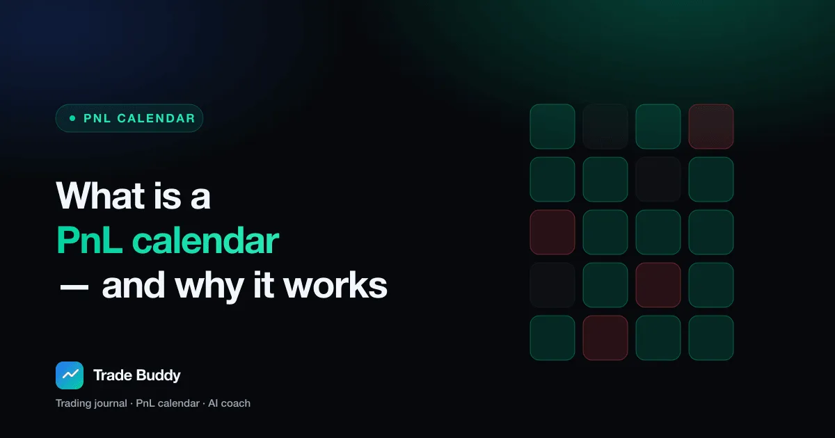 A color-coded PnL calendar of green and red trading days in the Trade Buddy app