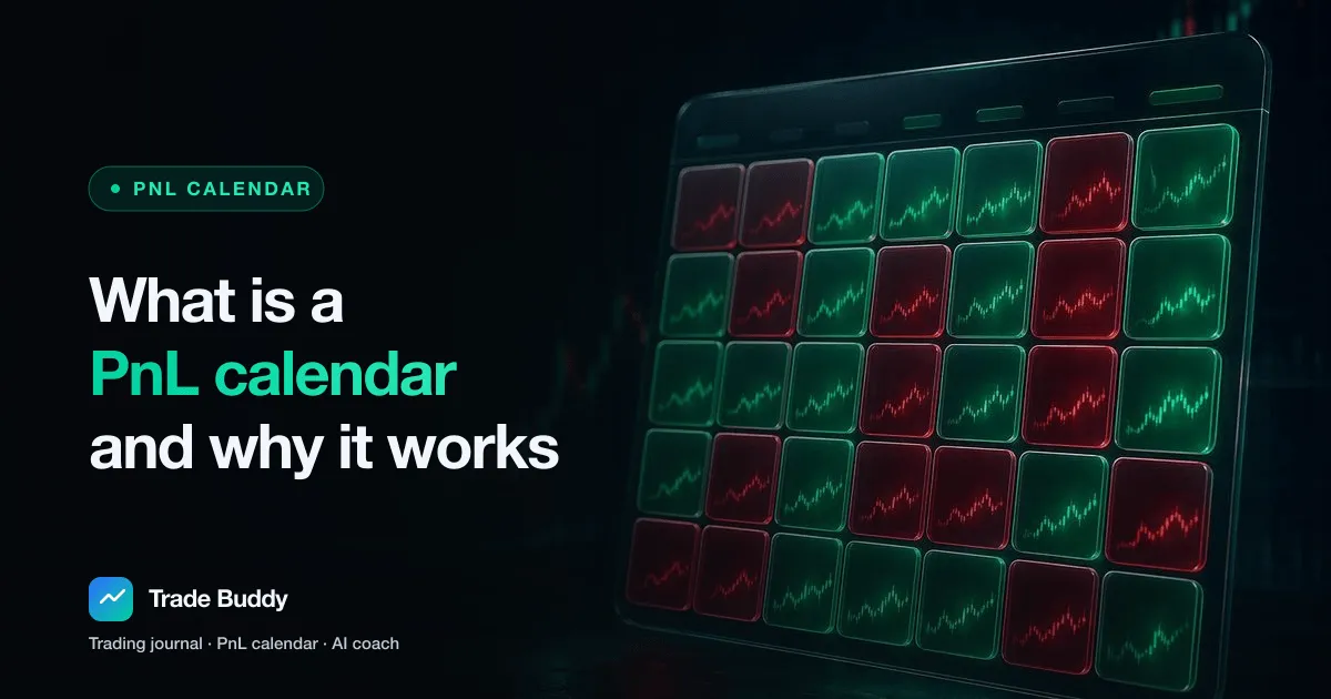 A color-coded PnL calendar of green and red trading days in the Trade Buddy app